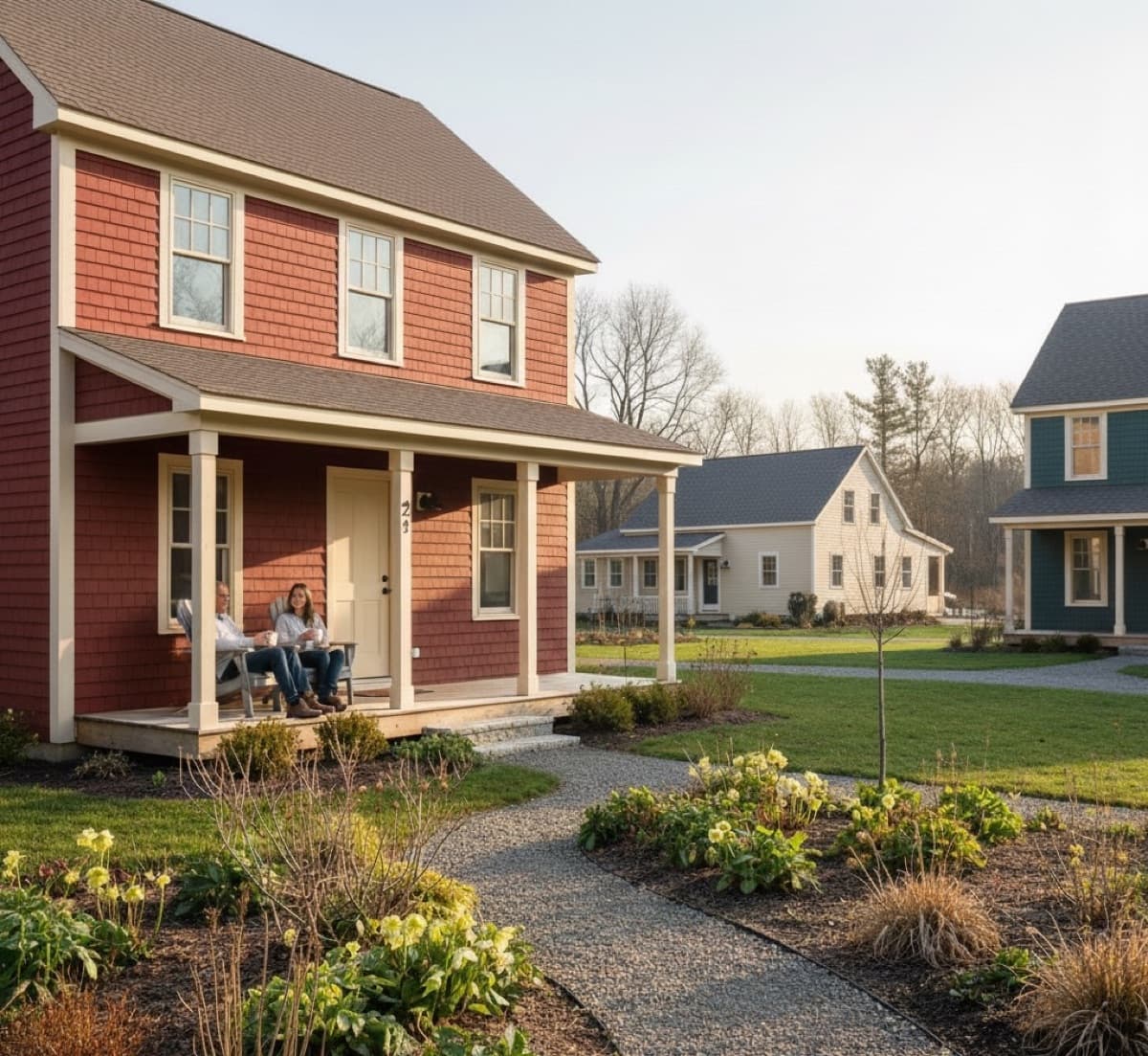 New England farmhouse with covered porch